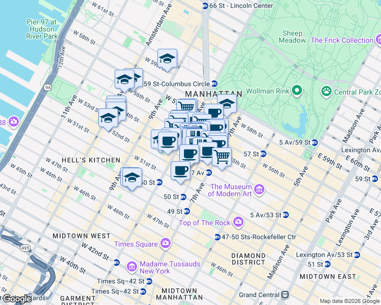 map of restaurants, bars, coffee shops, grocery stores, and more near 1723 Broadway in New York
