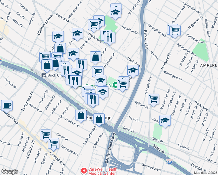 map of restaurants, bars, coffee shops, grocery stores, and more near 351 William Street in East Orange