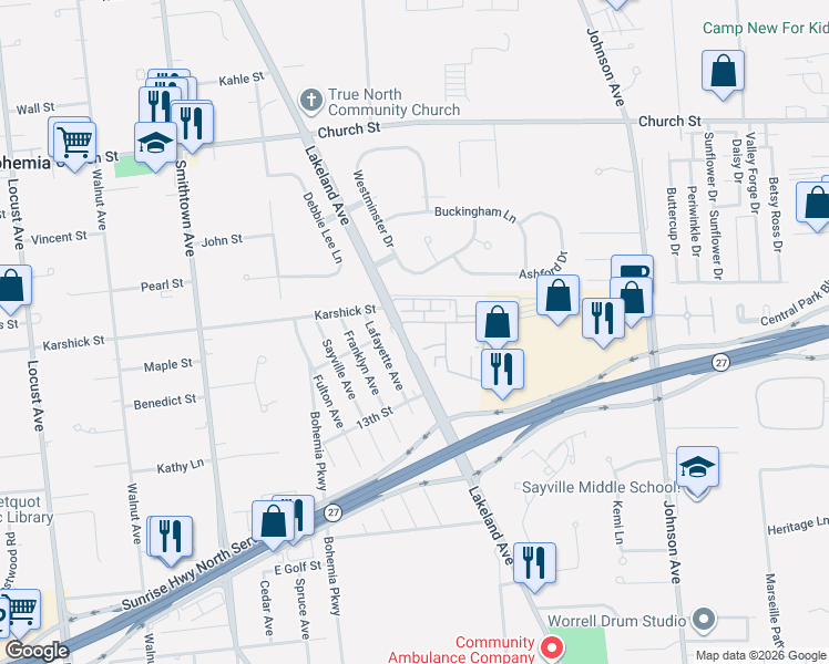 map of restaurants, bars, coffee shops, grocery stores, and more near 10 Westgate Drive in Bohemia