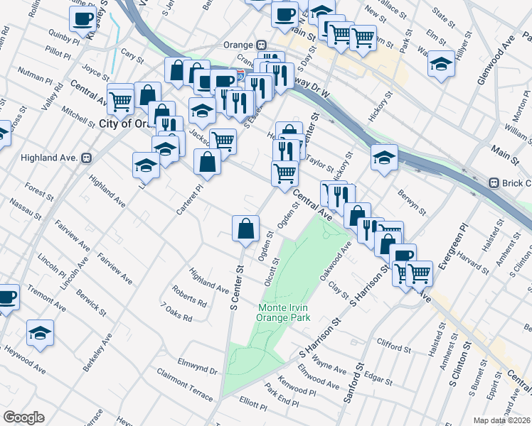 map of restaurants, bars, coffee shops, grocery stores, and more near 306 South Center Street in City of Orange