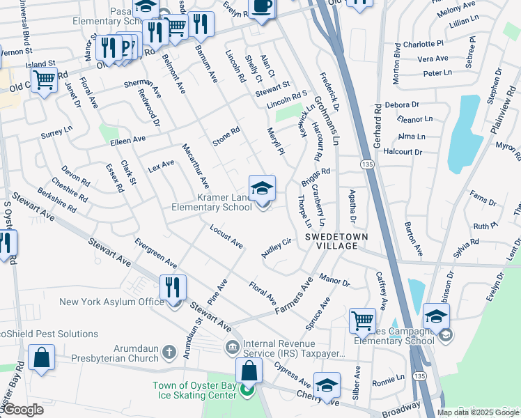 map of restaurants, bars, coffee shops, grocery stores, and more near 1 Kramer Lane in Plainview