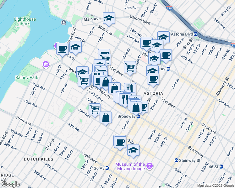 map of restaurants, bars, coffee shops, grocery stores, and more near 23-48 31st Drive in Queens