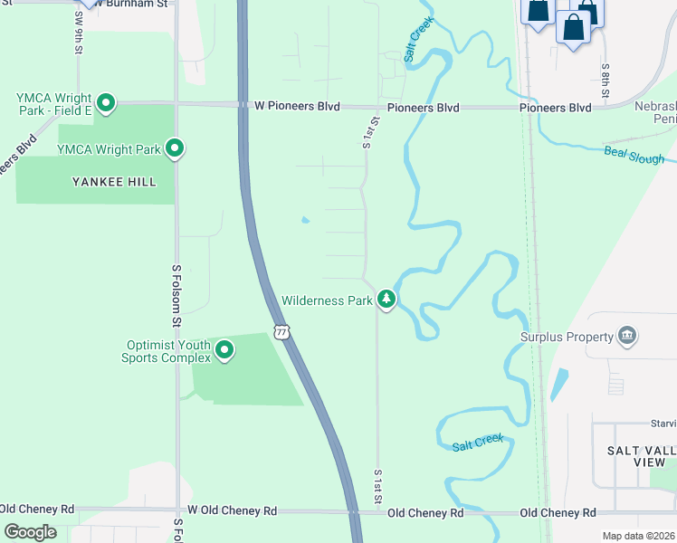 map of restaurants, bars, coffee shops, grocery stores, and more near 5001 South 1st Street in Lincoln