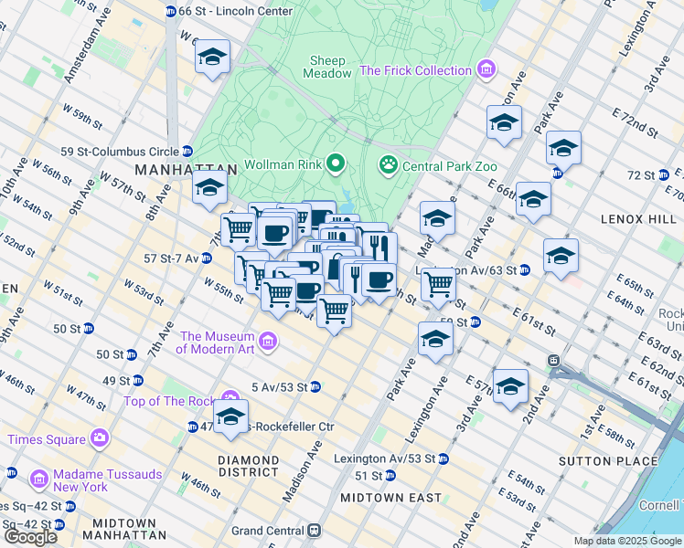 map of restaurants, bars, coffee shops, grocery stores, and more near 8 West 58th Street in New York