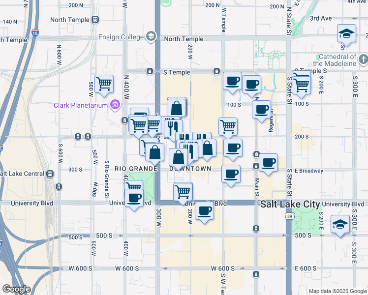 map of restaurants, bars, coffee shops, grocery stores, and more near 224 South 200 West in Salt Lake City