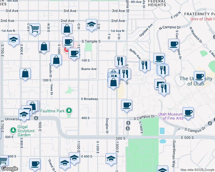 map of restaurants, bars, coffee shops, grocery stores, and more near 231 Douglas Street in Salt Lake City