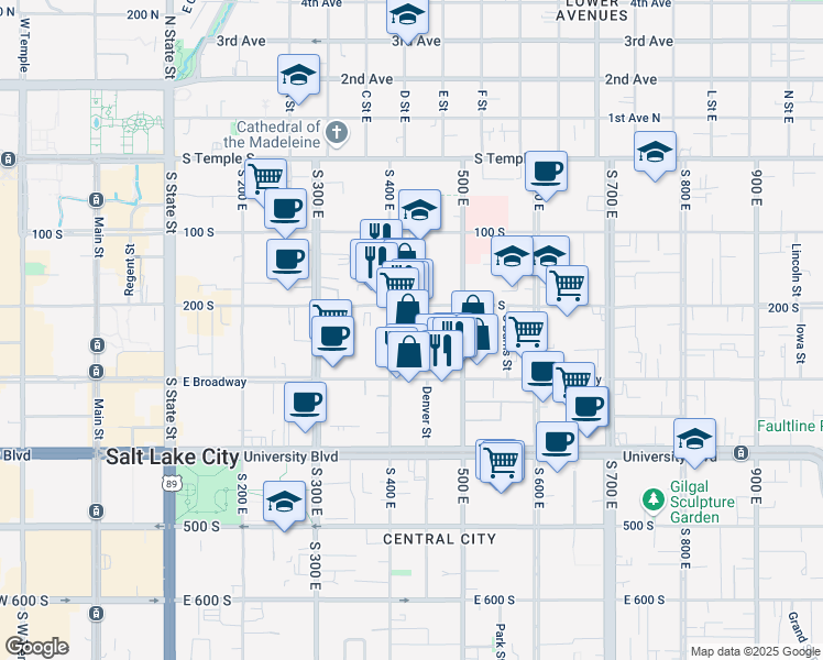map of restaurants, bars, coffee shops, grocery stores, and more near 237 400 South in Salt Lake City