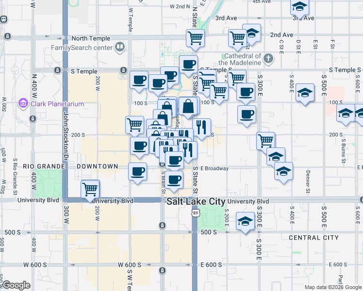 map of restaurants, bars, coffee shops, grocery stores, and more near 49 Gallivan Avenue in Salt Lake City