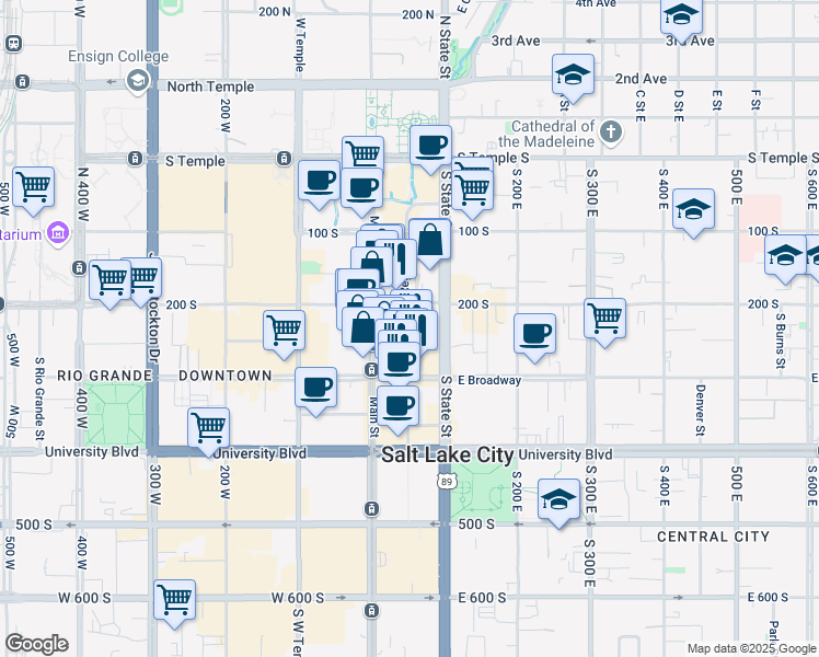 map of restaurants, bars, coffee shops, grocery stores, and more near 49 Gallivan Avenue in Salt Lake City