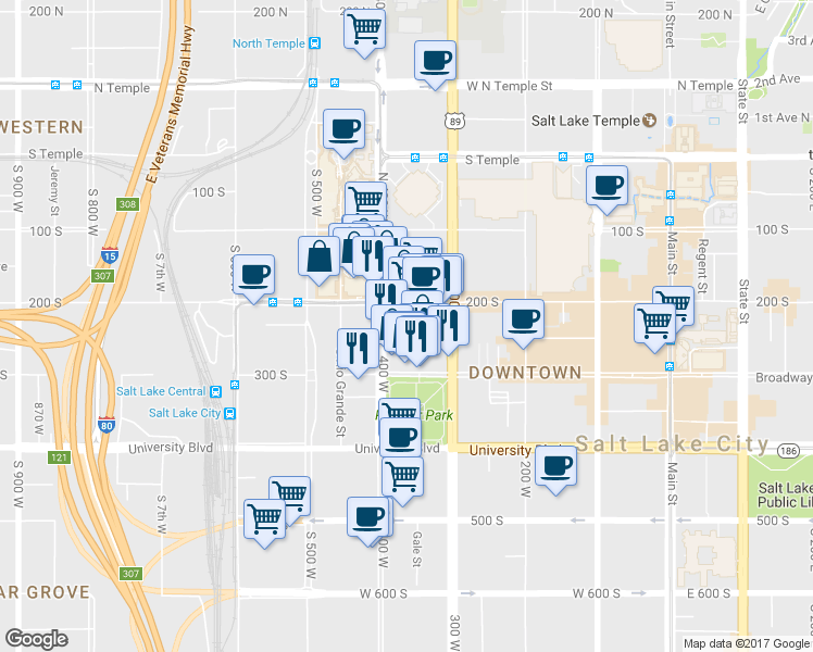 map of restaurants, bars, coffee shops, grocery stores, and more near 346 Pierpont Avenue in Salt Lake City