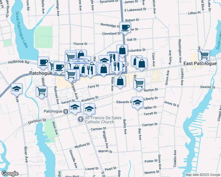 map of restaurants, bars, coffee shops, grocery stores, and more near in Patchogue