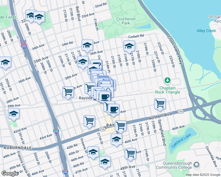 map of restaurants, bars, coffee shops, grocery stores, and more near 40-10 214th Place in Queens