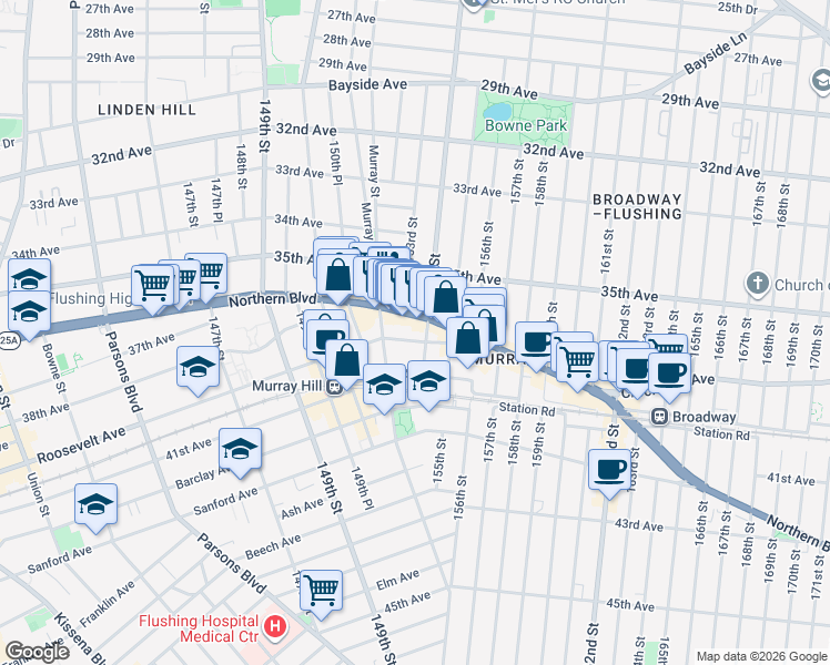 map of restaurants, bars, coffee shops, grocery stores, and more near 152-16 Roosevelt Avenue in Queens