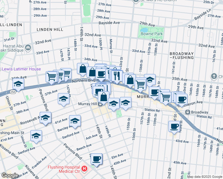 map of restaurants, bars, coffee shops, grocery stores, and more near 150-27 Roosevelt Avenue in Queens