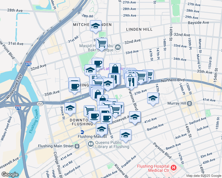 map of restaurants, bars, coffee shops, grocery stores, and more near 3611 Bowne Street in Queens