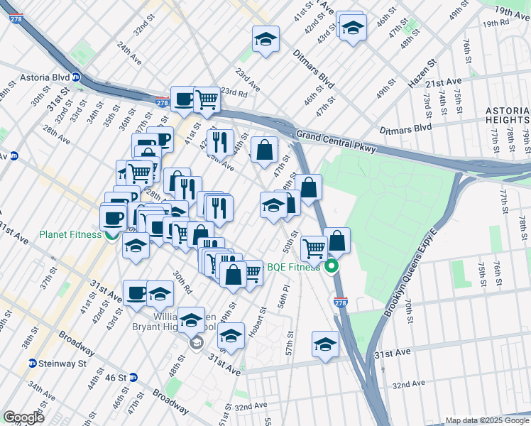 map of restaurants, bars, coffee shops, grocery stores, and more near 25-48 48th Street in Queens