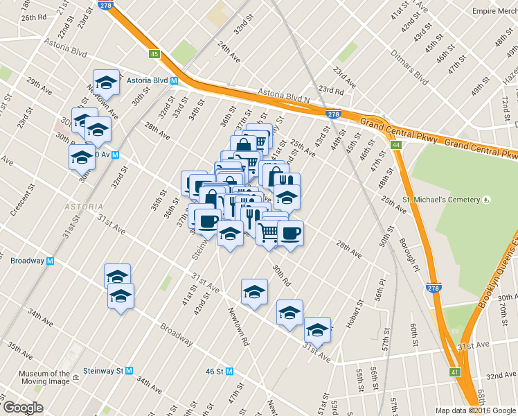 map of restaurants, bars, coffee shops, grocery stores, and more near 28-23 42nd Street in Queens