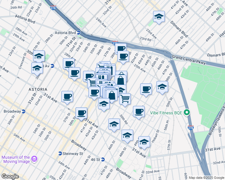 map of restaurants, bars, coffee shops, grocery stores, and more near 28-23 42nd Street in Queens