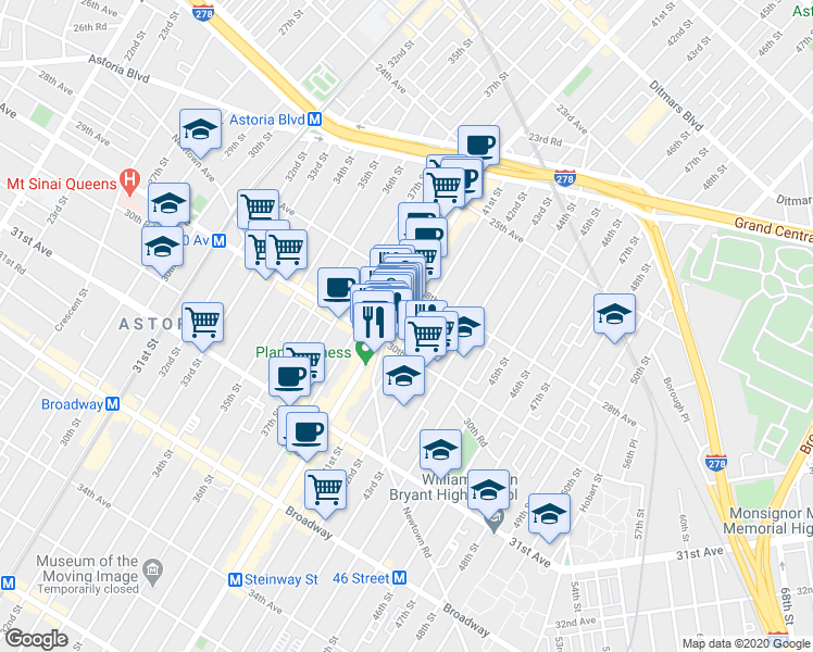 map of restaurants, bars, coffee shops, grocery stores, and more near 28-65 Steinway Street in Queens