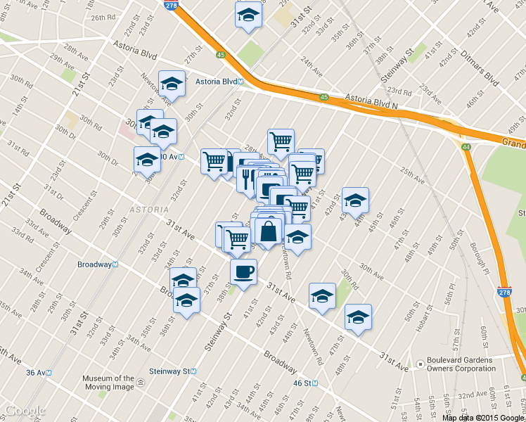map of restaurants, bars, coffee shops, grocery stores, and more near in Queens