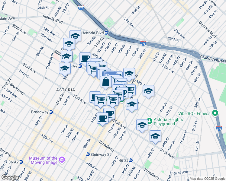 map of restaurants, bars, coffee shops, grocery stores, and more near in Queens