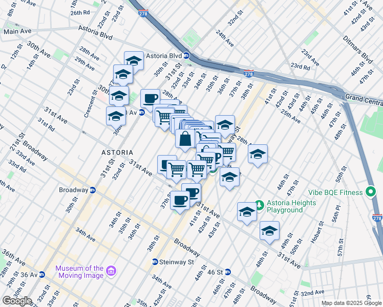 map of restaurants, bars, coffee shops, grocery stores, and more near in Queens
