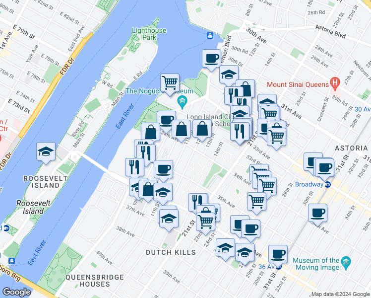 map of restaurants, bars, coffee shops, grocery stores, and more near 34-21 11th Street in Queens