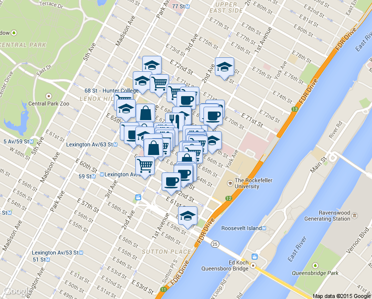 map of restaurants, bars, coffee shops, grocery stores, and more near 327 East 65th Street in New York
