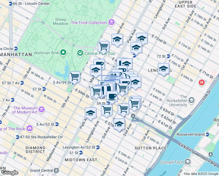 map of restaurants, bars, coffee shops, grocery stores, and more near in New York