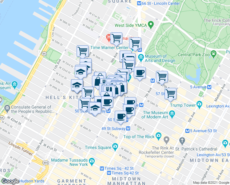 map of restaurants, bars, coffee shops, grocery stores, and more near 329 West 51st Street in New York