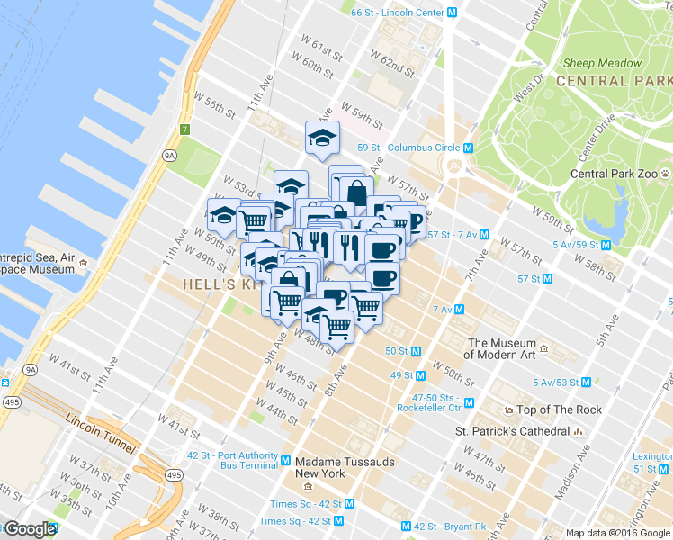 map of restaurants, bars, coffee shops, grocery stores, and more near 360 West 52nd Street in New York