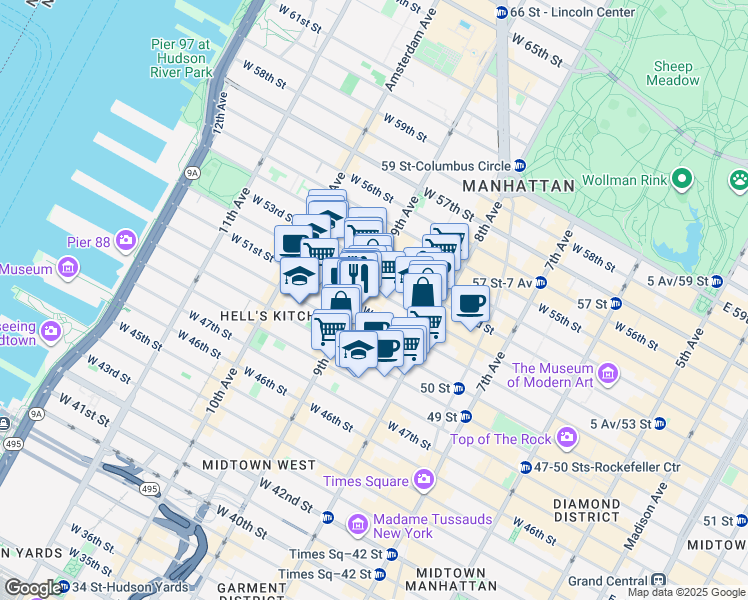 map of restaurants, bars, coffee shops, grocery stores, and more near 360 West 52nd Street in New York