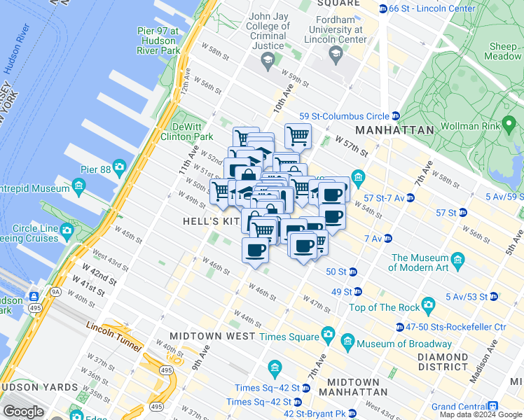 map of restaurants, bars, coffee shops, grocery stores, and more near in New York