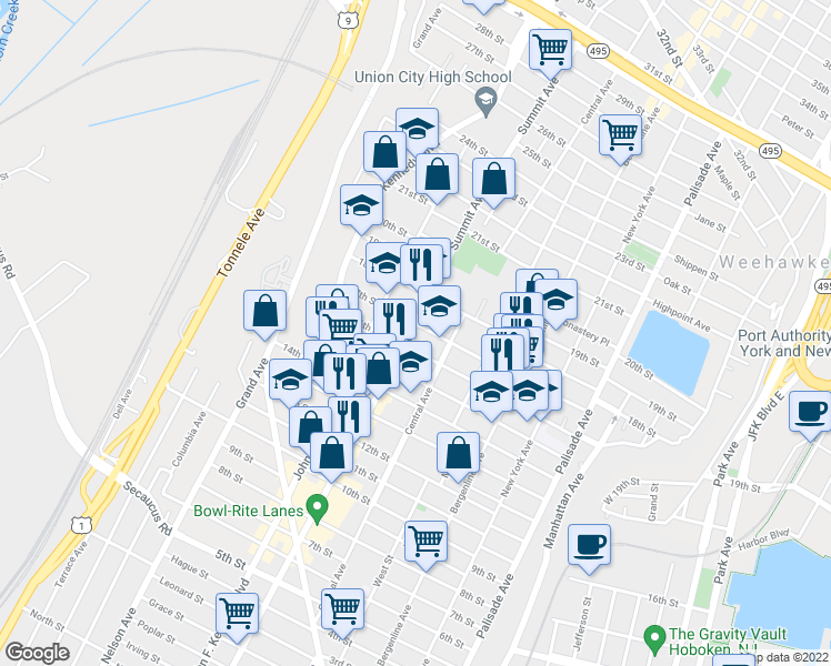 map of restaurants, bars, coffee shops, grocery stores, and more near 1601 Summit Avenue in Union City