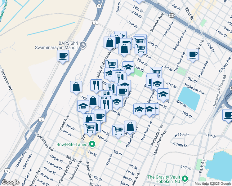 map of restaurants, bars, coffee shops, grocery stores, and more near 1601 Summit Avenue in Union City