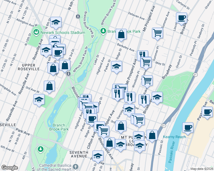 map of restaurants, bars, coffee shops, grocery stores, and more near 402 Clifton Avenue in Newark