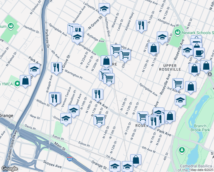 map of restaurants, bars, coffee shops, grocery stores, and more near 33-39 4th Avenue in East Orange