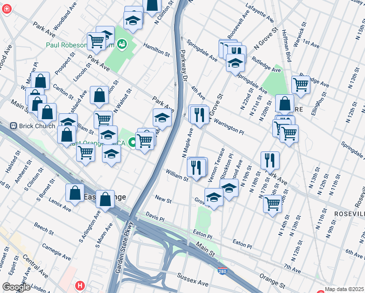 map of restaurants, bars, coffee shops, grocery stores, and more near 192 North Maple Avenue in East Orange
