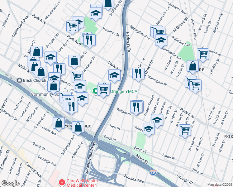 map of restaurants, bars, coffee shops, grocery stores, and more near 196 North Oraton Parkway in East Orange