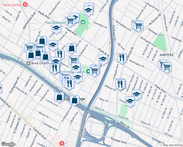 map of restaurants, bars, coffee shops, grocery stores, and more near 320 William Street in East Orange
