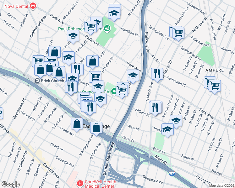 map of restaurants, bars, coffee shops, grocery stores, and more near 320 William Street in East Orange