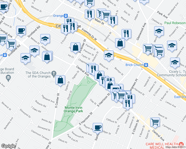 map of restaurants, bars, coffee shops, grocery stores, and more near 119 Central Avenue in City of Orange