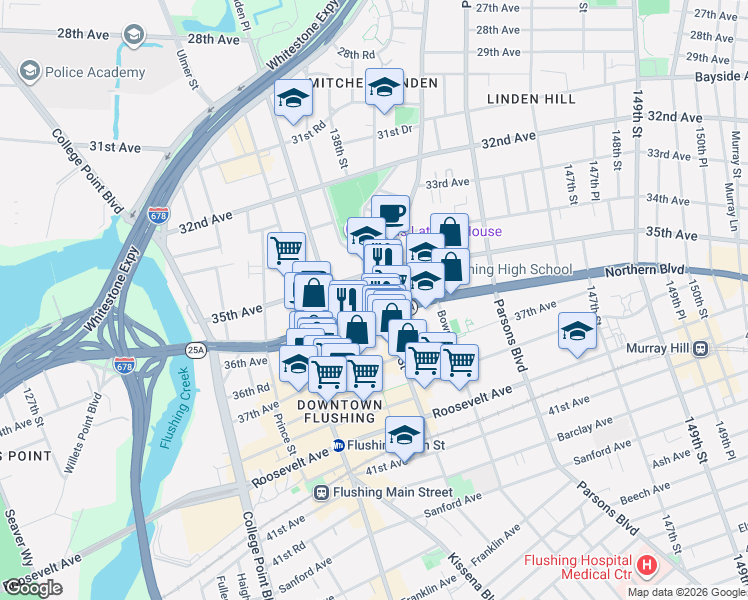 map of restaurants, bars, coffee shops, grocery stores, and more near 77 Northern Boulevard in Queens
