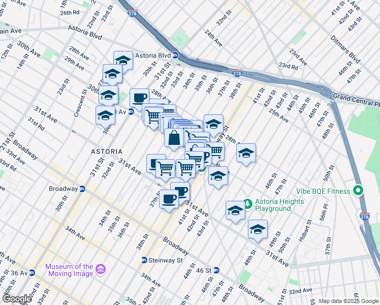 map of restaurants, bars, coffee shops, grocery stores, and more near in Queens