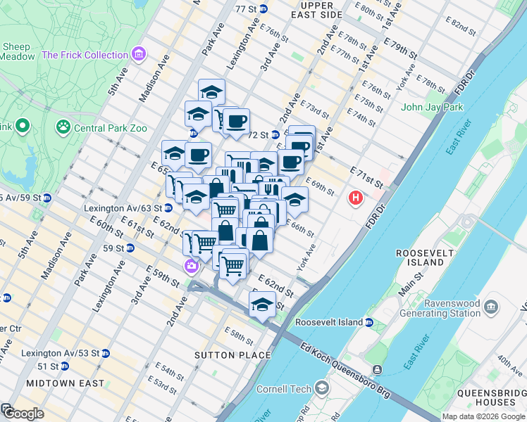 map of restaurants, bars, coffee shops, grocery stores, and more near 327 East 65th Street in New York