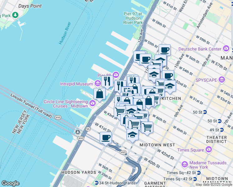 map of restaurants, bars, coffee shops, grocery stores, and more near 638 West 46th Street in New York