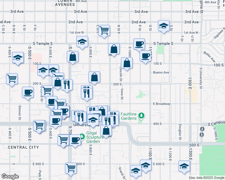 map of restaurants, bars, coffee shops, grocery stores, and more near 225 South 900 East in Salt Lake City