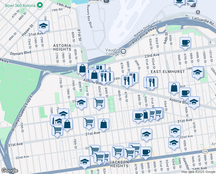 map of restaurants, bars, coffee shops, grocery stores, and more near 2437 85th Street in Queens