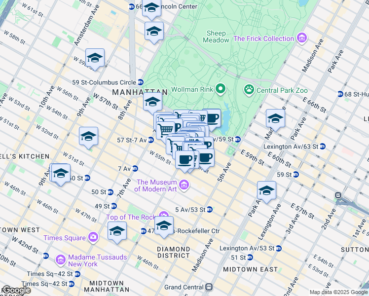 map of restaurants, bars, coffee shops, grocery stores, and more near 1414 6th Avenue in New York