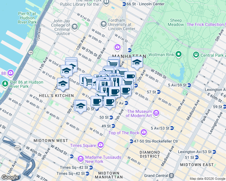 map of restaurants, bars, coffee shops, grocery stores, and more near 281 West 53rd Street in New York